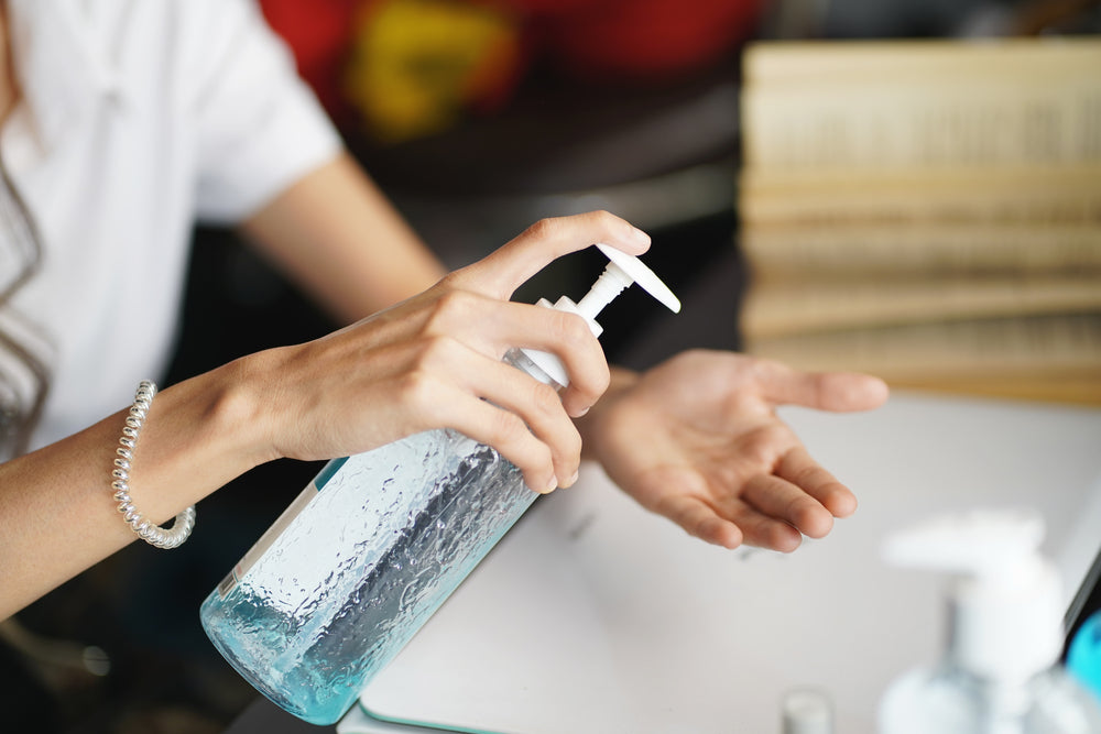 hand, sanitizer, woman, using, on, hands